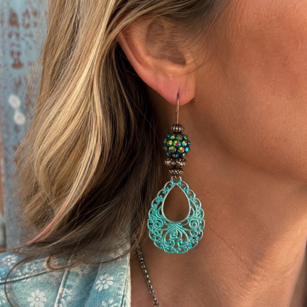 Artisan Patina Teardrop Earrings Vintage Crystal Beads Boho Western 3”